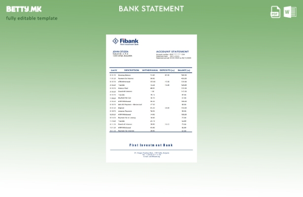 модерен стил Бугарија Fibank First Investment шаблон за извод од банка